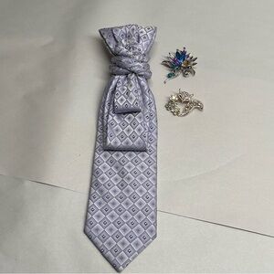 women Geometric Silk Necktie‎ Set Lavender Braided Knot with 2 Crystal Brooches
